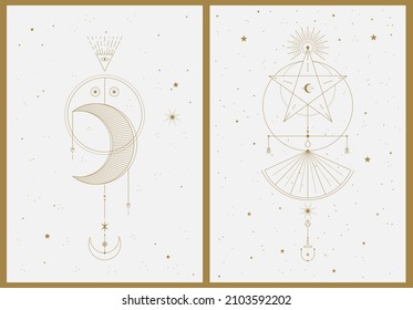 Set of two gold and beige aesthetic geometric harmonious vintage backgrounds with solar system elements. Astrology and esoterics. Mid-century style poster with thin lines, sun, star, stripes and dots.