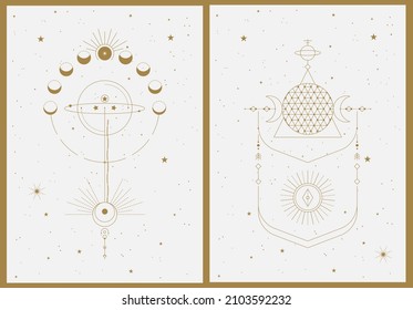 Set of two gold and beige aesthetic geometric harmonious vintage backgrounds with solar system elements. Astrology and esoterics. Mid-century style poster with thin lines, sun, star, stripes and dots.