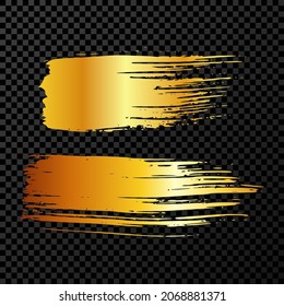 Set of two gold brush strokes. Hand drawn ink spots isolated on dark transparent background. Vector illustration