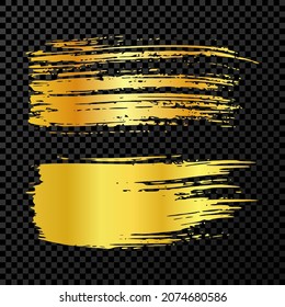 Set of two gold brush strokes. Hand drawn ink spots isolated on dark transparent background. Vector illustration