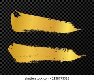 Conjunto de dos pinceladas doradas. manchas de tinta dibujadas a mano aisladas en un fondo transparente oscuro. Ilustración del vector