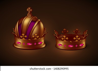 A set of two gold imperial crowns of different shapes.  3D vector. High detailed realistic illustration.
