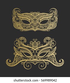 set of two gold lineart venetian carnival lace mask silhouette, vector illustration