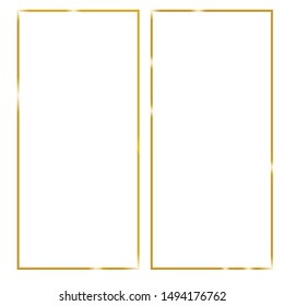 Set of two gold shiny glowing vintage frames with shadows isolated on transparent background. Golden luxury realistic rectangle border. Vector illustration