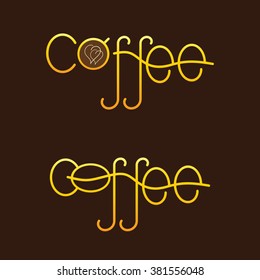 Set of two golden colored lettering coffee. One with cup of coffee with two creamy hearts on surface of beverage as letter o and another with coffee bean as letter o. Logo template, design element