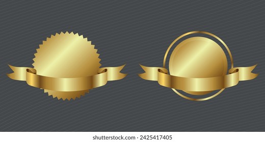 Set of two golden round labels and ribbons for text. Vector on a gray background