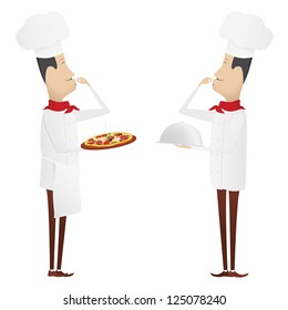 Set of two gourmet chefs - first with silver platter, second with pizza