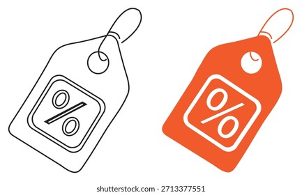 Ein Satz von zwei grafischen Darstellungen eines Preisschilds mit einem Prozentsymbol. Die eine ist eine schwarze Umrisszeichnung, die andere eine durchgezogene, orangefarbene Version, beide einzeln auf weißem Hintergrund.