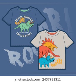 Set of two graphics work for children's t-shirt. Cartoon character dinosaurs.