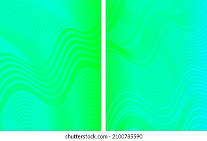 Set of  two green abstract modern striped backgrounds. Colorful green and blue waves pattern. Composition of lines on gradient background for design project. Editable vector illustration, EPS10.
