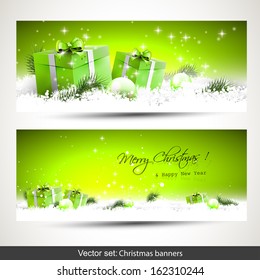 Set of two green horizontal Christmas banners with gift boxes in snow 