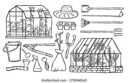 Set with two greenhouses and plants inside, gardening tools and seedings. Hand drawn outline vector sketch illustration svg