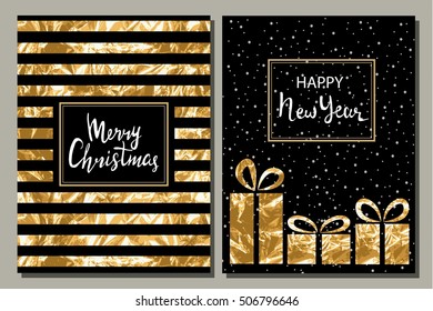 Set of two greeting card. Merry Christmas and Happy New Year hand-drawn inscription. Gold leaf