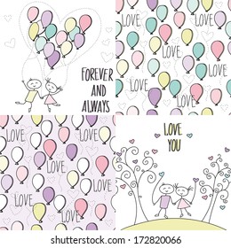 Set of two greeting cards and two backgrounds, Valentine's day, wedding invitation, simple style
