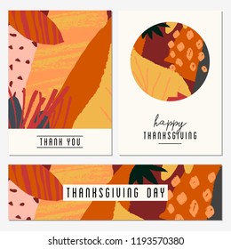 A set of two greeting cards and a banner for Thanksgiving Day. Autumn design with abstract shapes and leaves in orange, yellow, pink, red and brown.