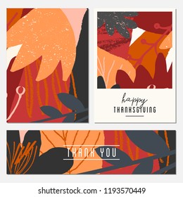 Ein Satz von zwei Grußkarten und ein Banner für den Erntedanktag. Herbstdesign mit abstrakten Formen und Blättern in Orange, Grau, Rosa, Rot und Braun.