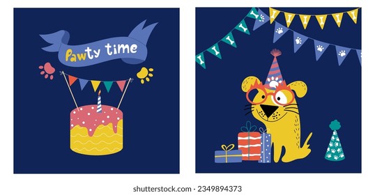 Set of two greeting cards for dog party. Handdrawn cute dog in a birthday hat, gift boxes, ribbon, buntings and birthday cake. Pawty time vector design.