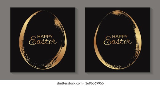 Set of two greeting cards for Easter celebrating with grunge golden eggs.