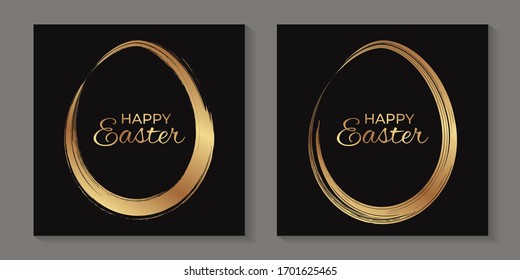 Set of two greeting cards for Easter celebrating with grunge golden eggs on a black background.