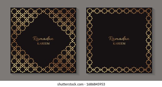 Set of two greeting cards for ramadan with golden arabic traditional ornament on a black background.