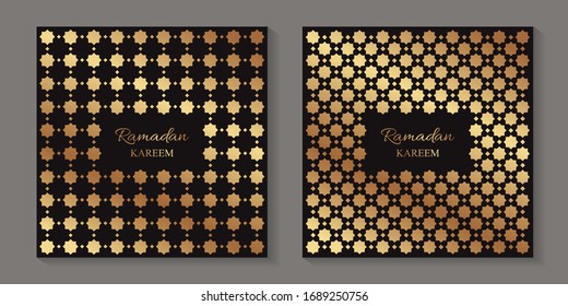 Conjunto de dos tarjetas de felicitación para ramadán con adorno tradicional árabe dorado sobre fondo negro.