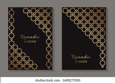 Set of two greeting cards for ramadan with golden arabic traditional ornament on a black background.