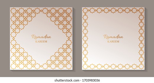 Set von zwei Grußkarten für Rmadan mit goldenem arabischen traditionellen Ornament auf beigem Hintergrund.