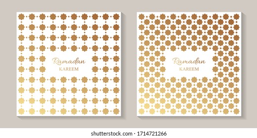 Set of two greeting cards for ramadan with golden arabic traditional ornament on a white background.