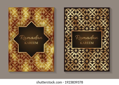 Set of two greeting cards for ramadan with golden arabic traditional ornament and glittering background.