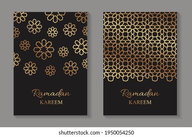 Set of two greeting cards for Ramadan with golden arabic traditional ornament on a black background.