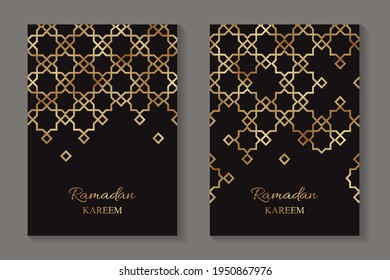 Set of two greeting cards for ramadan with golden arabic traditional ornament on a black background.