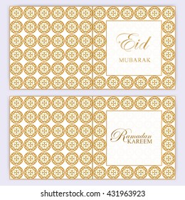 Set of two greeting cards. Ramadan kareem and eid mubarak. Golden design on white background.