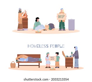 Set of two groups of homeless people cartoon characters, flat vector illustration isolated on white background. Homeless and jobless adults and children.