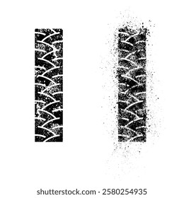 Set of two grunge black tire track silhouettes. Ink blots tyres path for different sport and racing designs