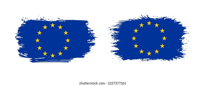 Satz von zwei farbigen Pinselflaggen der Europäischen Union auf solidem Hintergrund