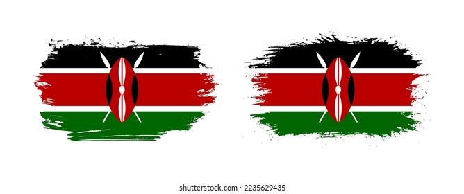 Conjunto de dos banderas de pincel gruesas de Kenia sobre fondo sólido