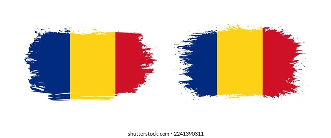 Set of two grunge brush flag of Romania on solid background