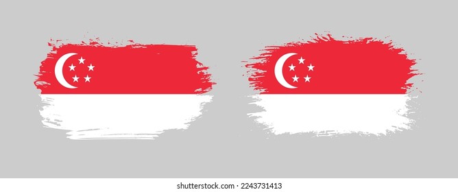 Set of two grunge brush flag of Singapore on solid background