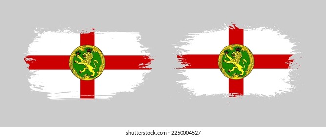 Set of two grunge brush flag of Alderney on solid background