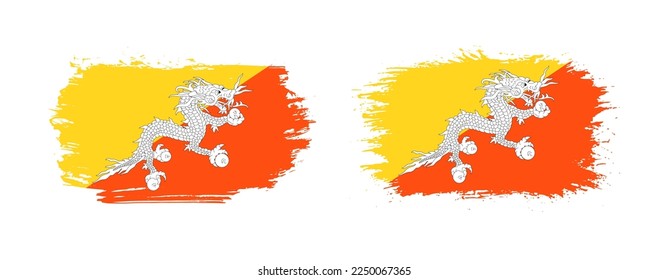 Set of two grunge brush flag of Bhutan on solid background