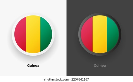 Set of two Guinea flag buttons in black and white background. Abstract shiny metallic rounded buttons with national country flag