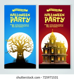 Set of two halloween party banners with scaree tree and castle.