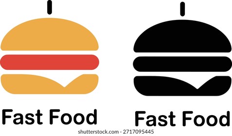 Un conjunto de dos iconos de hamburguesa mostrados uno al lado del otro: uno en color (bollo amarillo, relleno rojo, queso blanco) y uno como una silueta negra sólida. Ambos presentan el texto 'Comida rápida' debajo, adecuado para