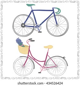 Set of two hand drawn bicycles. Pink City Bike and Blue Racing Bike isolated on white background. Cute bright colorful cycles in a decorative frame.