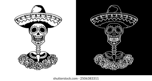 Set of two hand drawn black and white Calavera wearing a sombrero. Linear skeletons in Mexican hats surrounded by marigold flowers. Dia de los Muertos concept (Day of the Dead) Ink art tattoo design