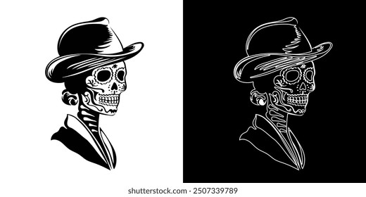 Set of two hand drawn black and white Calavera Catrina in profile wearing a wide-brimmed hat. Illustration of decorated Mexican female skulls. Tattoo, linear art. Dia de los Muertos (Day of the Dead) 