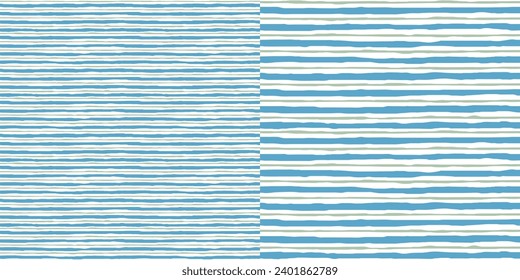 A set of two hand drawn, blue and olive green horizontal stripes seamless pattern