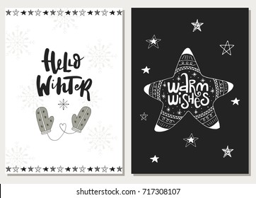 Set of two hand drawn Christmas cards with New Year lettering phrases and quote and Christmas decorations. Vector illustration.