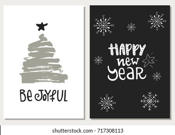 Set of two hand drawn Christmas cards with New Year lettering phrases and quote and Christmas decorations. Vector illustration.