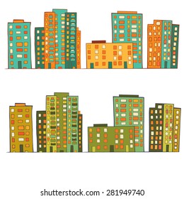 Set of two hand drawn city banners displaying high rise buildings. City street. Vector illustration.